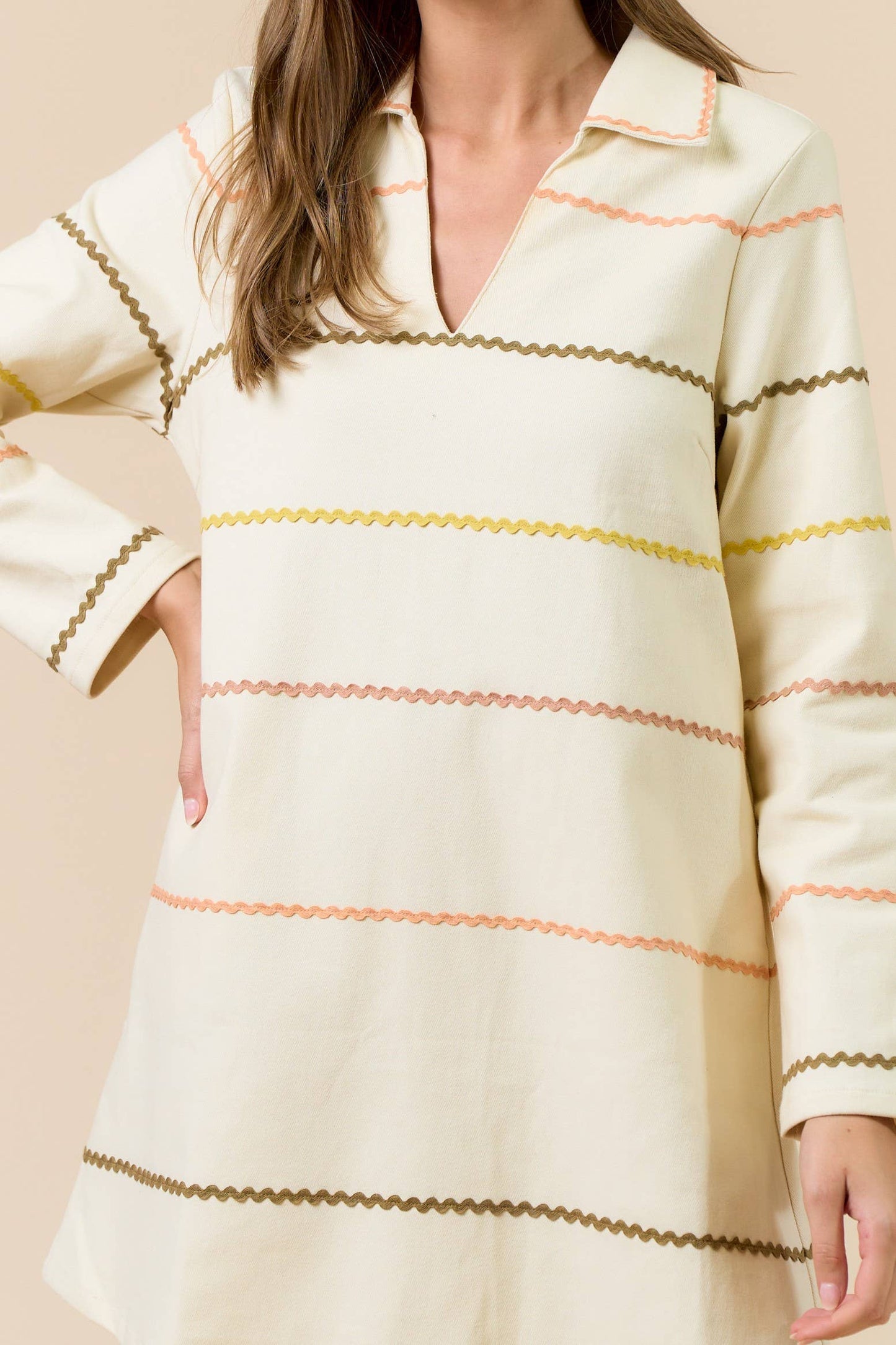 Long Sleeve Ric Rac Trim Shirt Dress