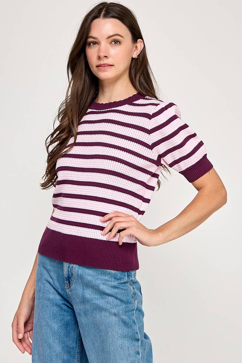 Scalloped Neck Puff Sleeve Short Sleeve Top