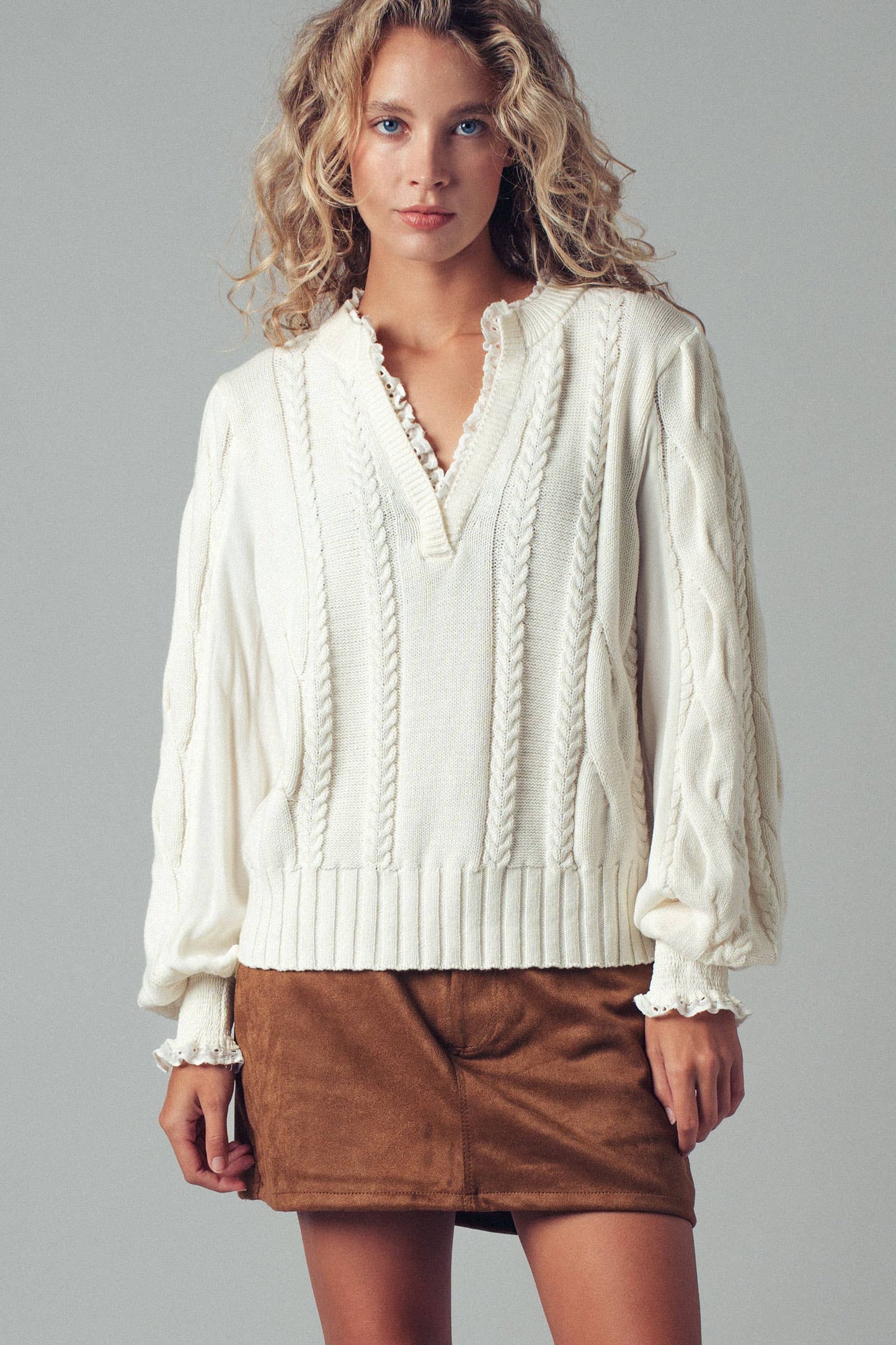 Lace Trim Cable Knit Pullover Sweater