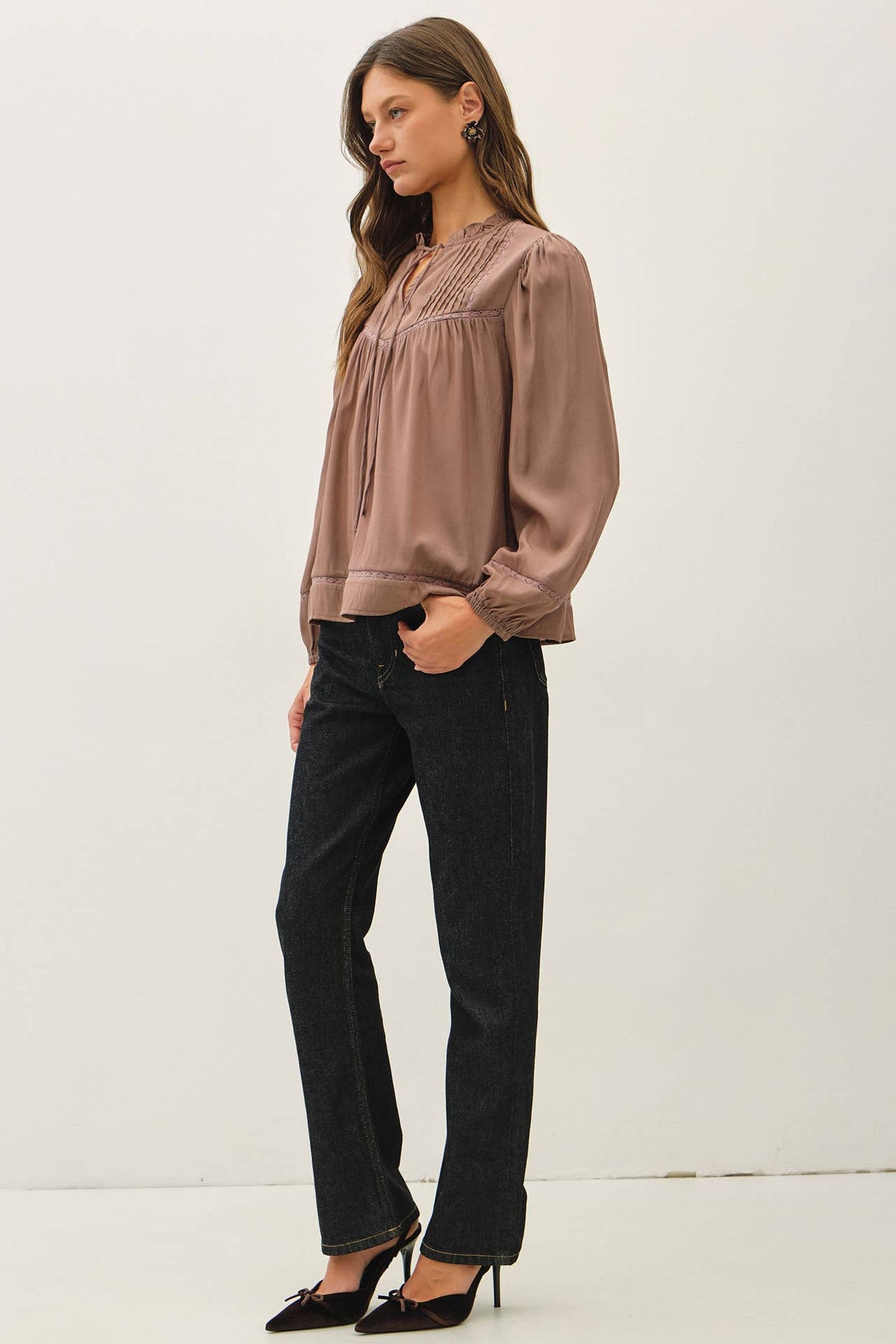 Ruffled V-Neck Silky Peasant Top