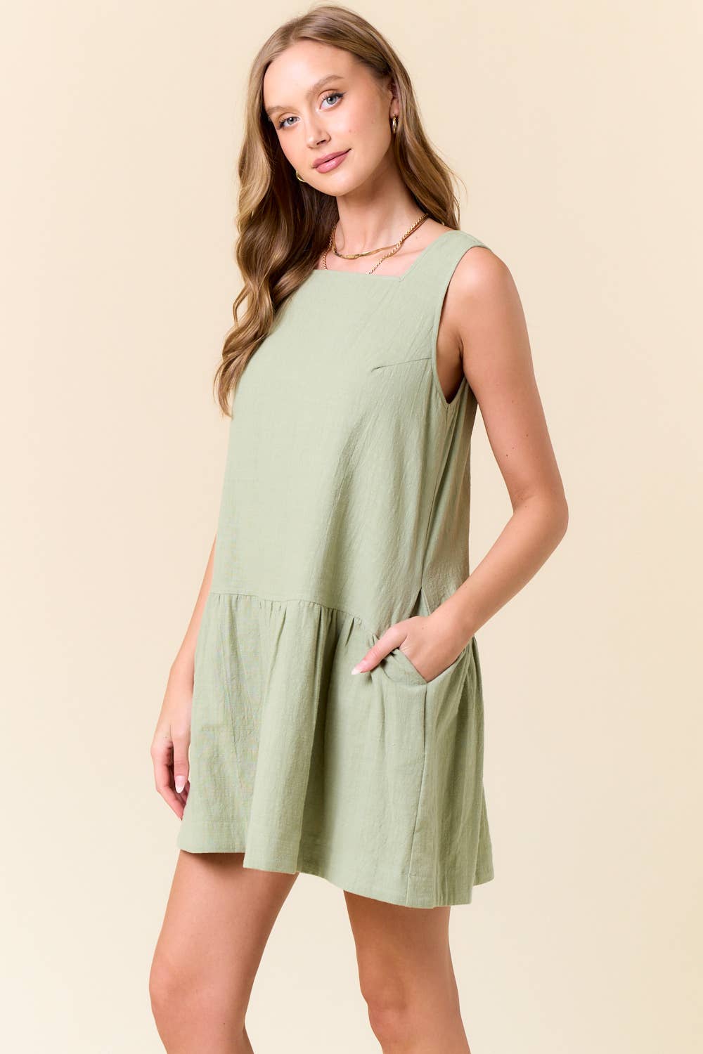 Square Neck Button Back Drop Waist Mini Dress