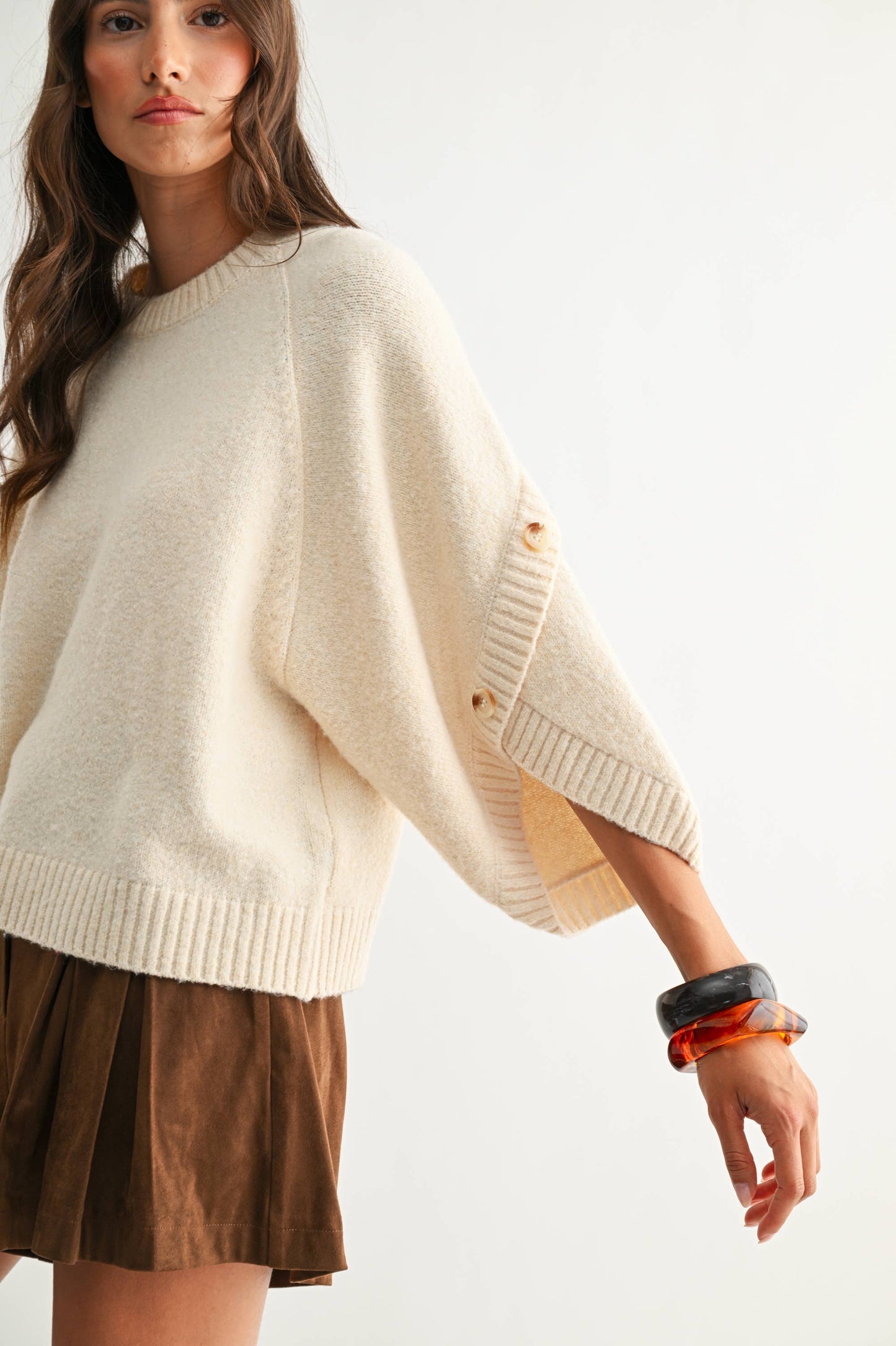 Button Wide Sleeve Knit Pullover Sweater