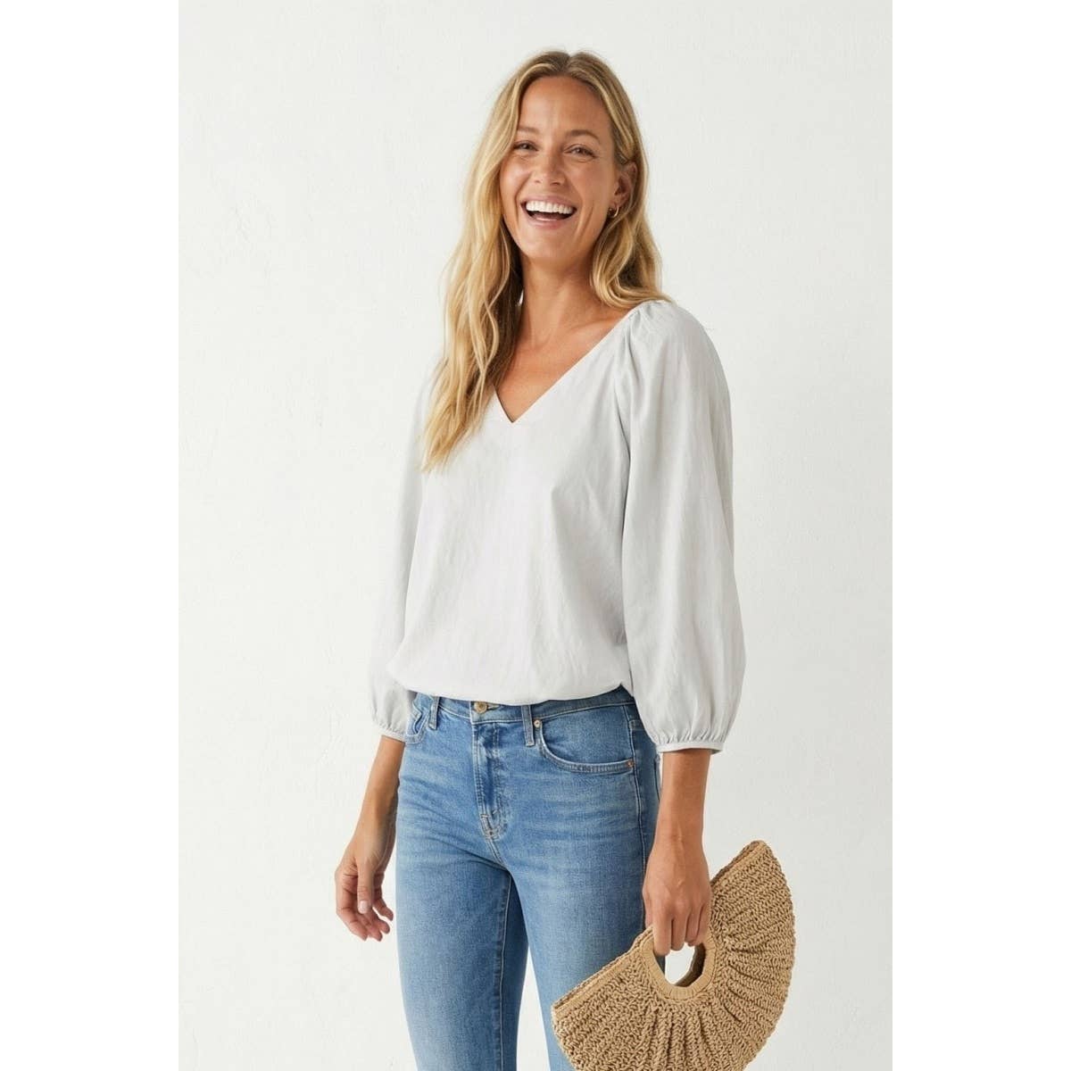 Elastic Puff Sleeve V-neck Top
