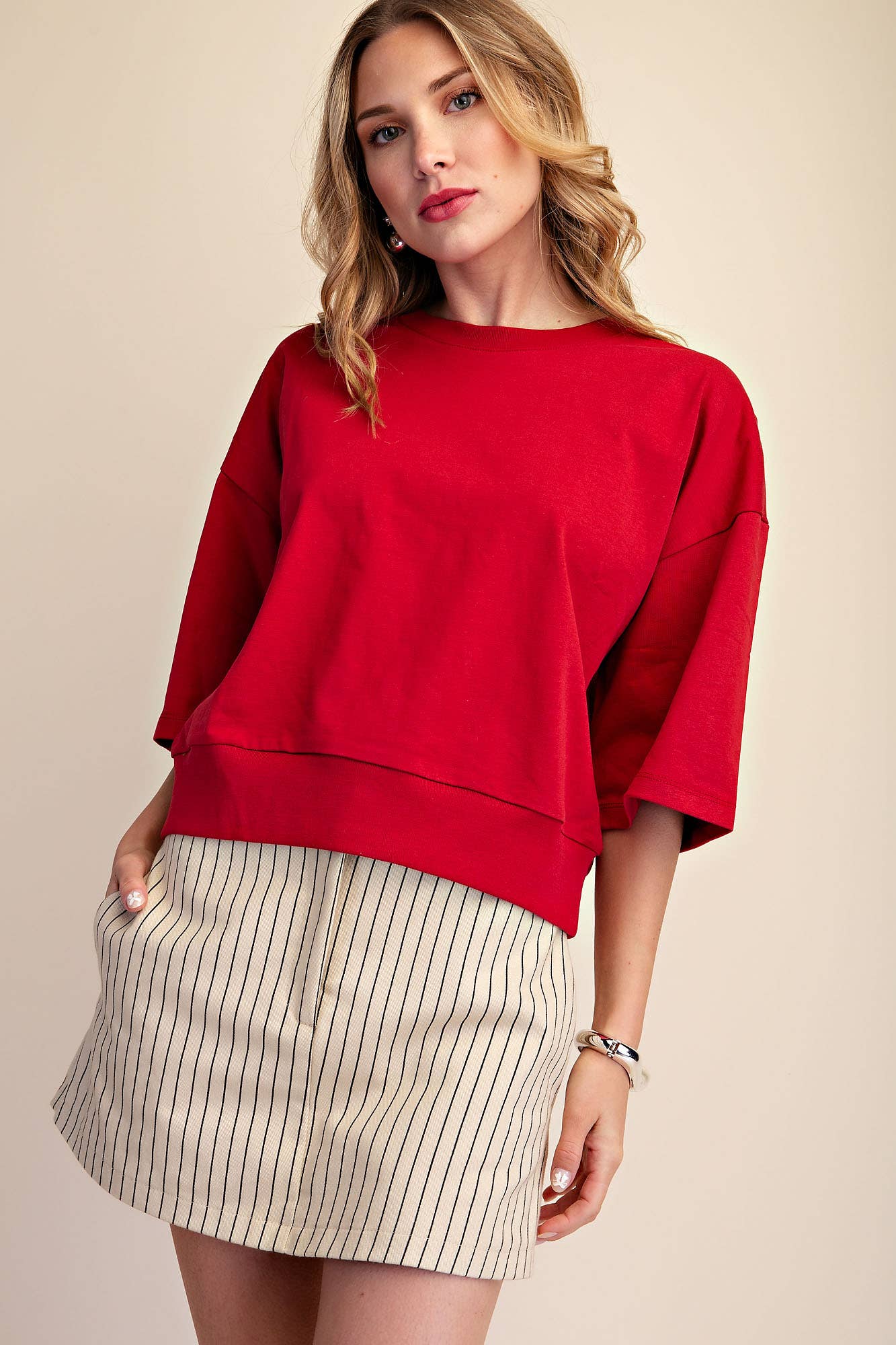 Round Neck Rib Band Pullover Cotton Top
