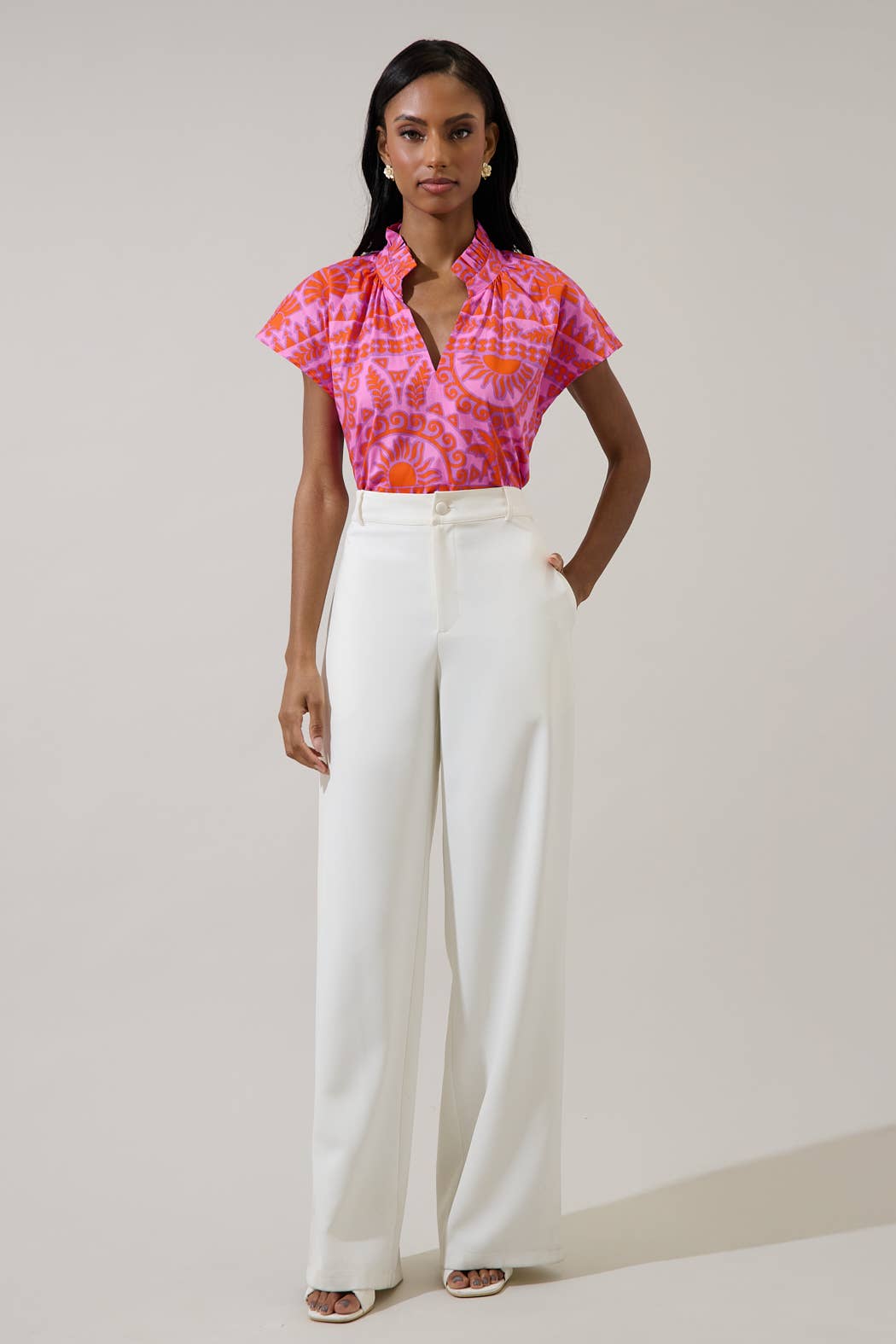 Tropical Ruffle Neck Top