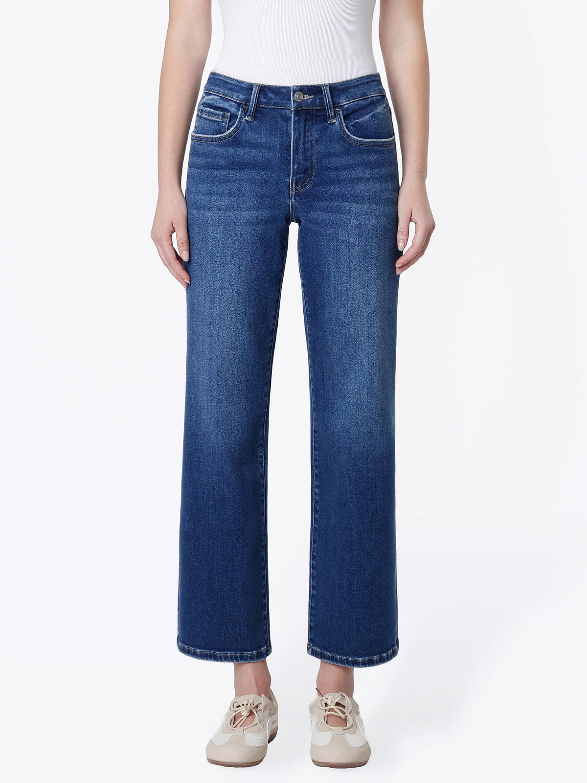 Mid Rise Dark Wash Ankle Slim Wide Jeans