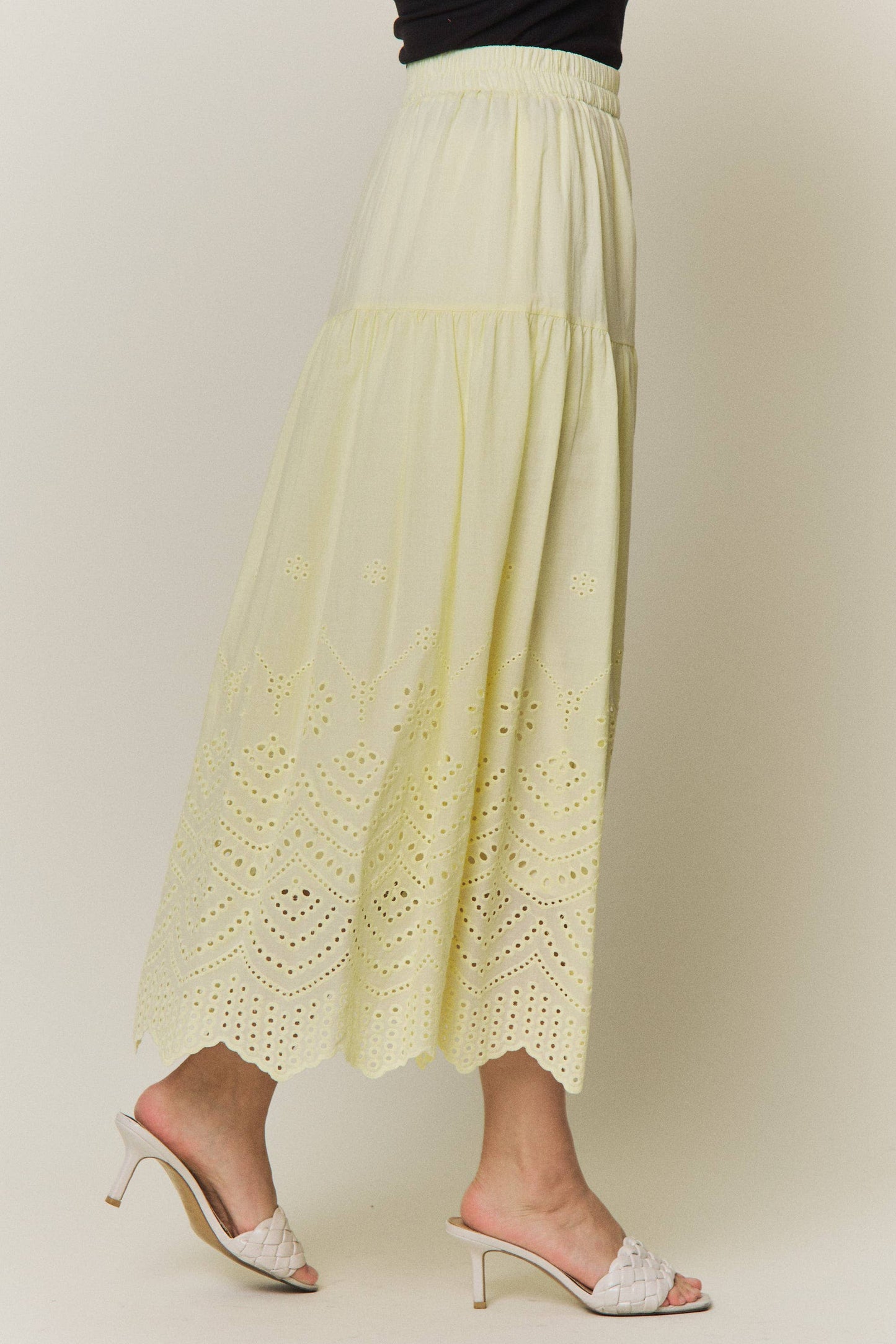 Tiered Eyelet Scalloped Midi Skirt