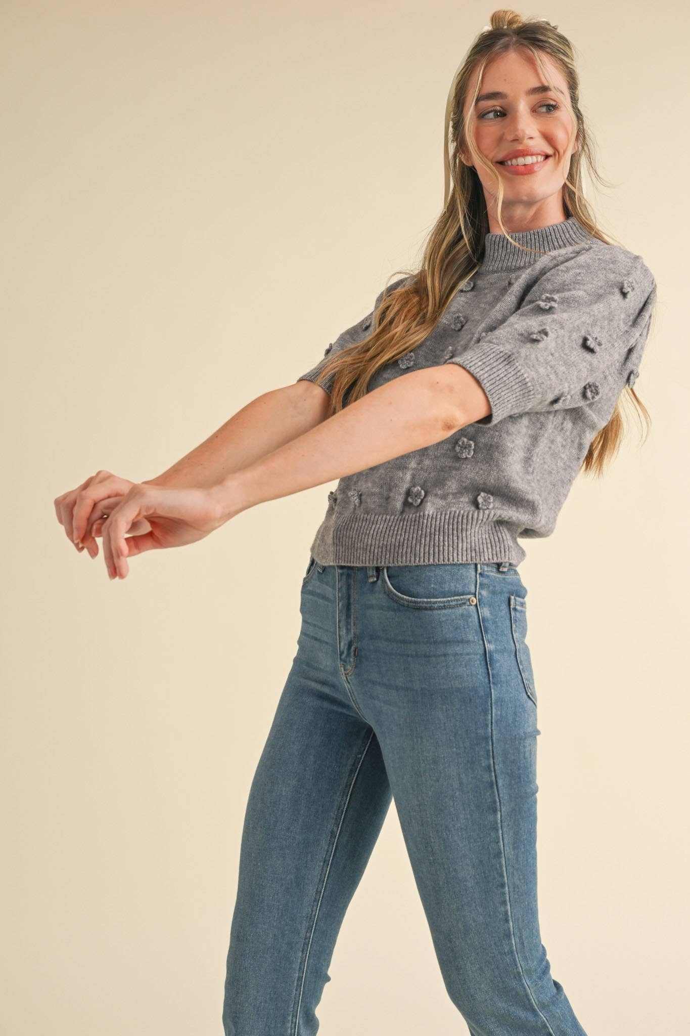 Raised Floral Short Sleeve Sweater