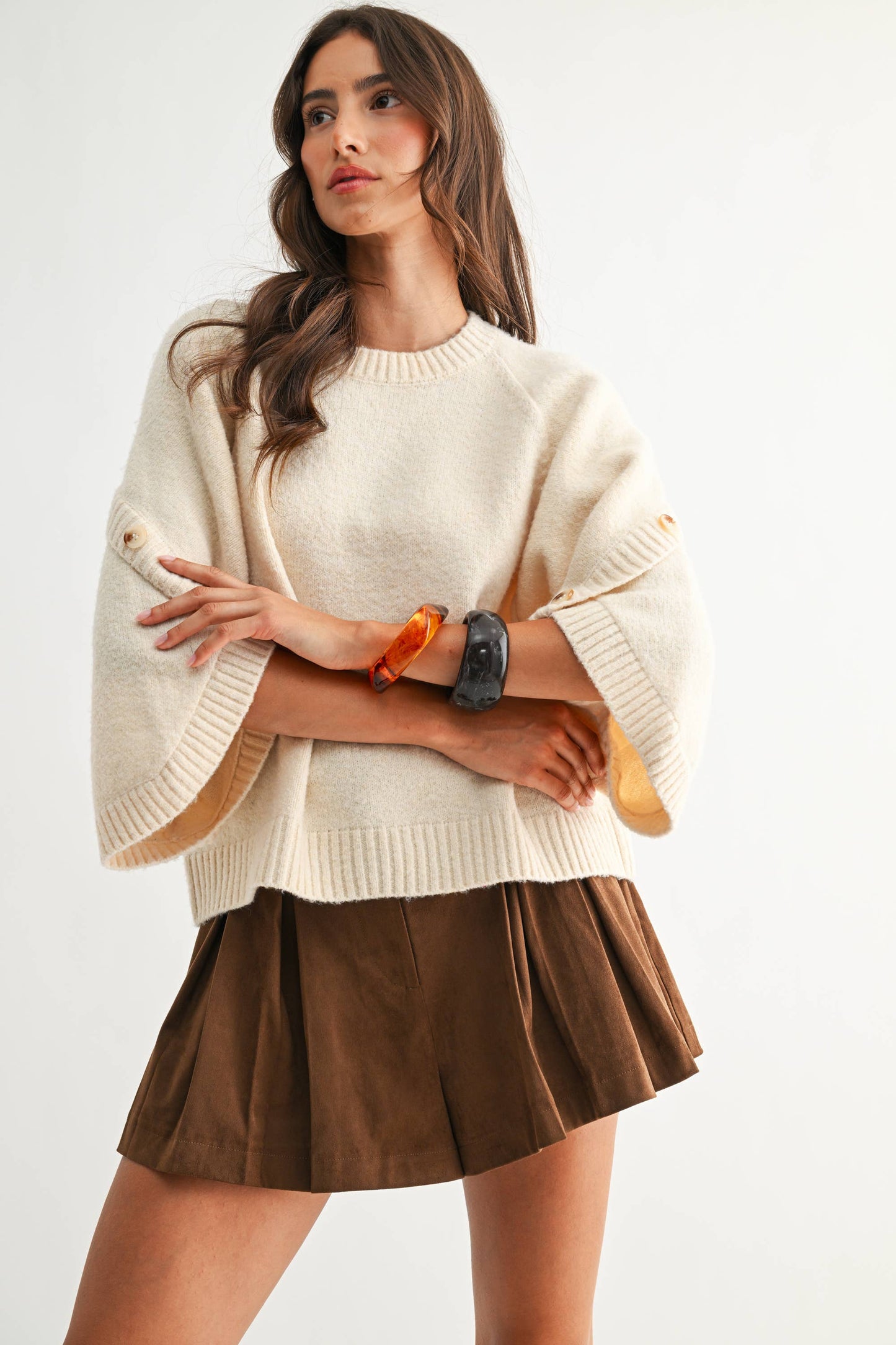 Button Wide Sleeve Knit Pullover Sweater