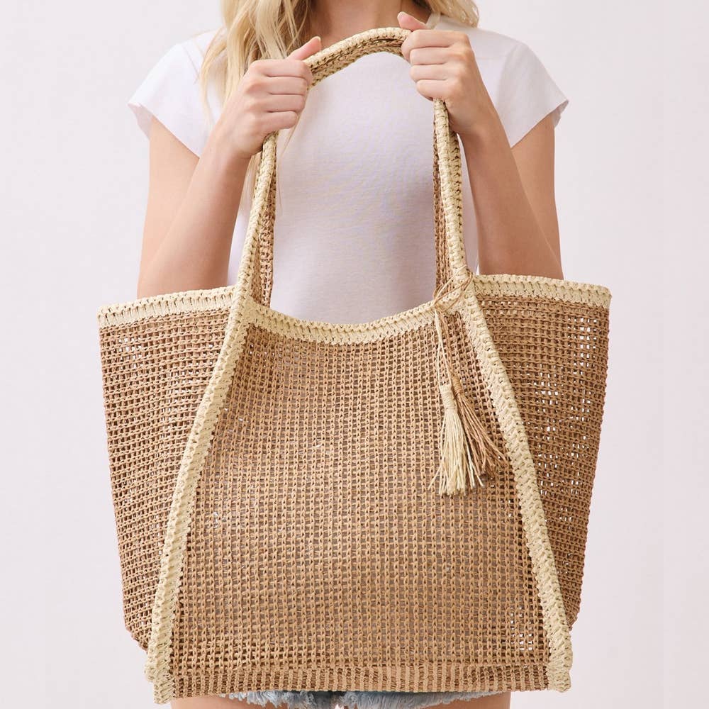 Two Tone Woven Straw Tote Bag