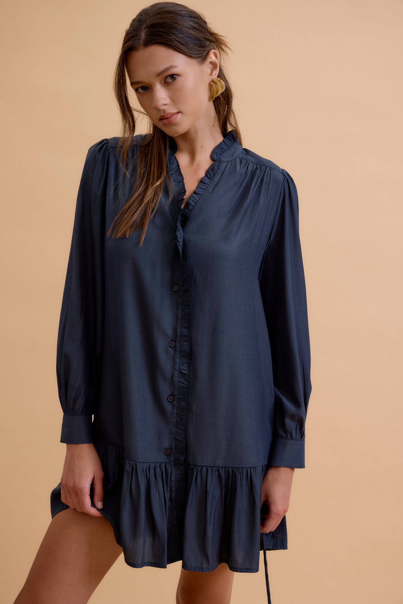 Long Sleeve Ruffled Mini Shirt Dress