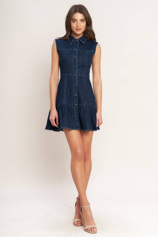 Sleeveless Denim Ruffled Hem Mini Dress