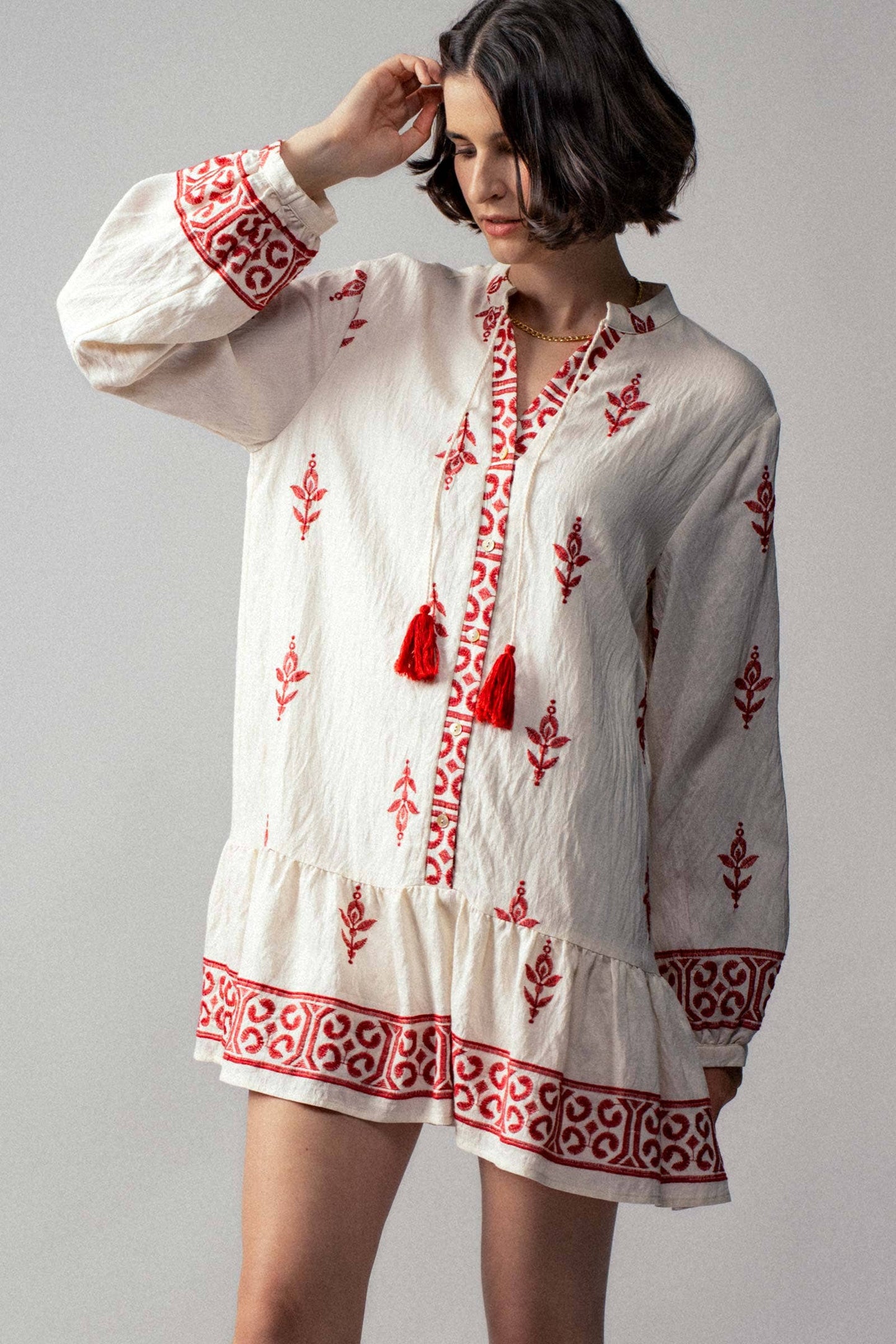 Western-Inspired Embroidered Peasant Tunic Dress