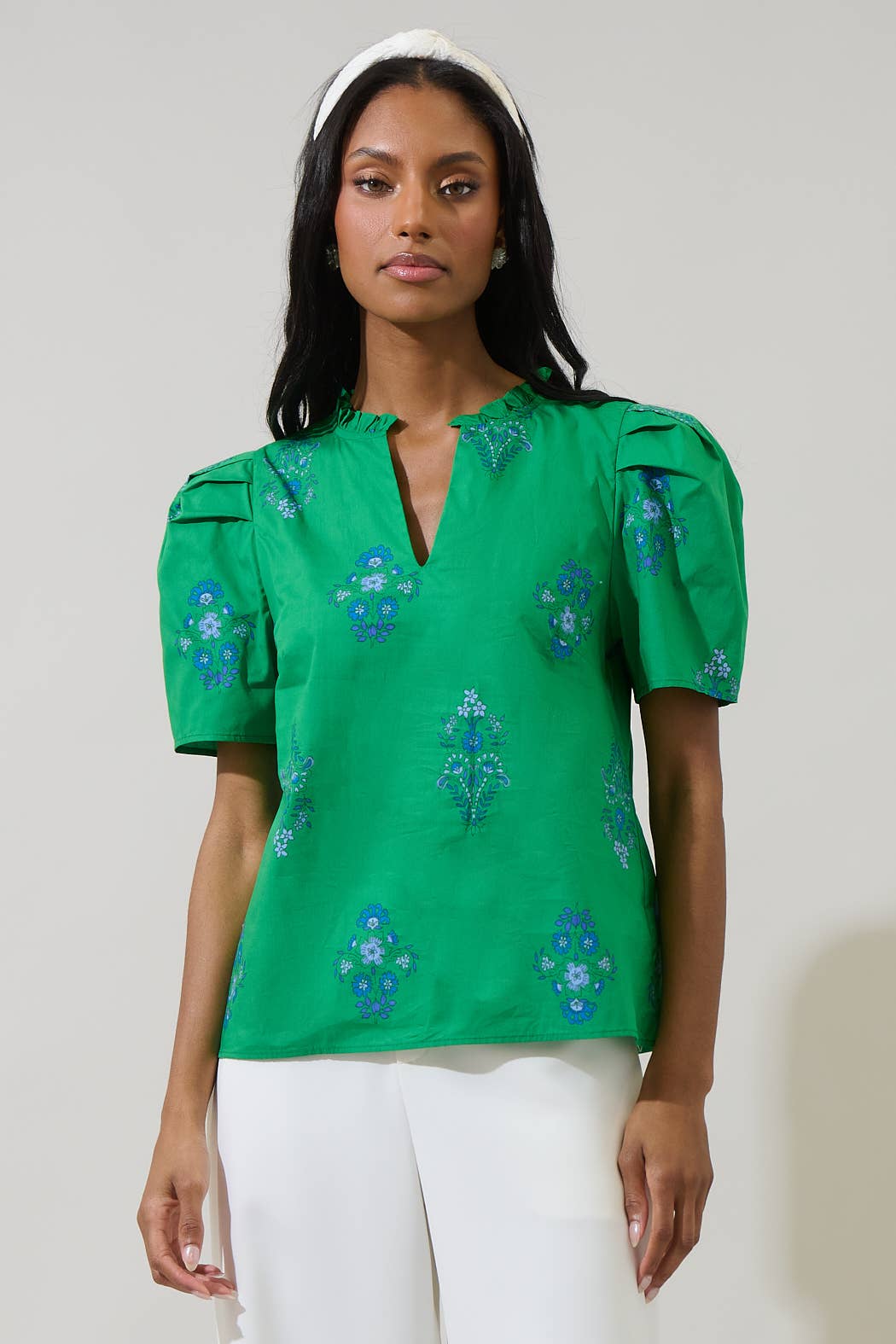 Pleated Shoulder Ruffle Neck Top