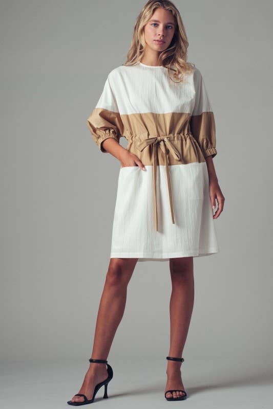 Colorblock Drawstring Waist Mini Dress