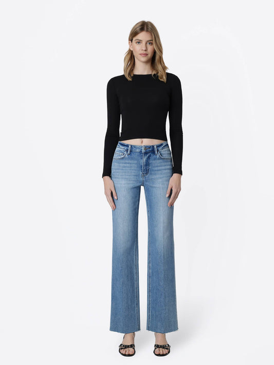 High Rise Raw Hem Slim Wide Jeans