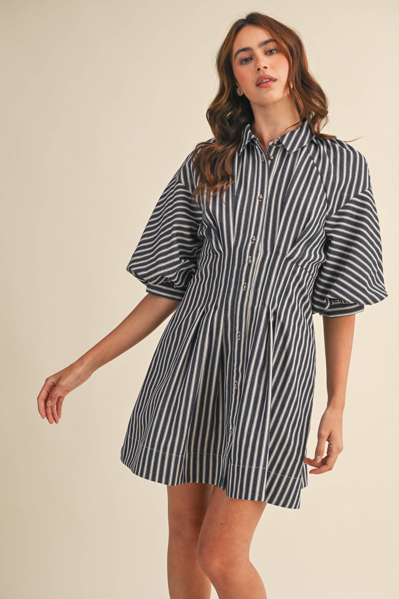 Rental- Striped Denim Bubble Sleeve Mini Dress