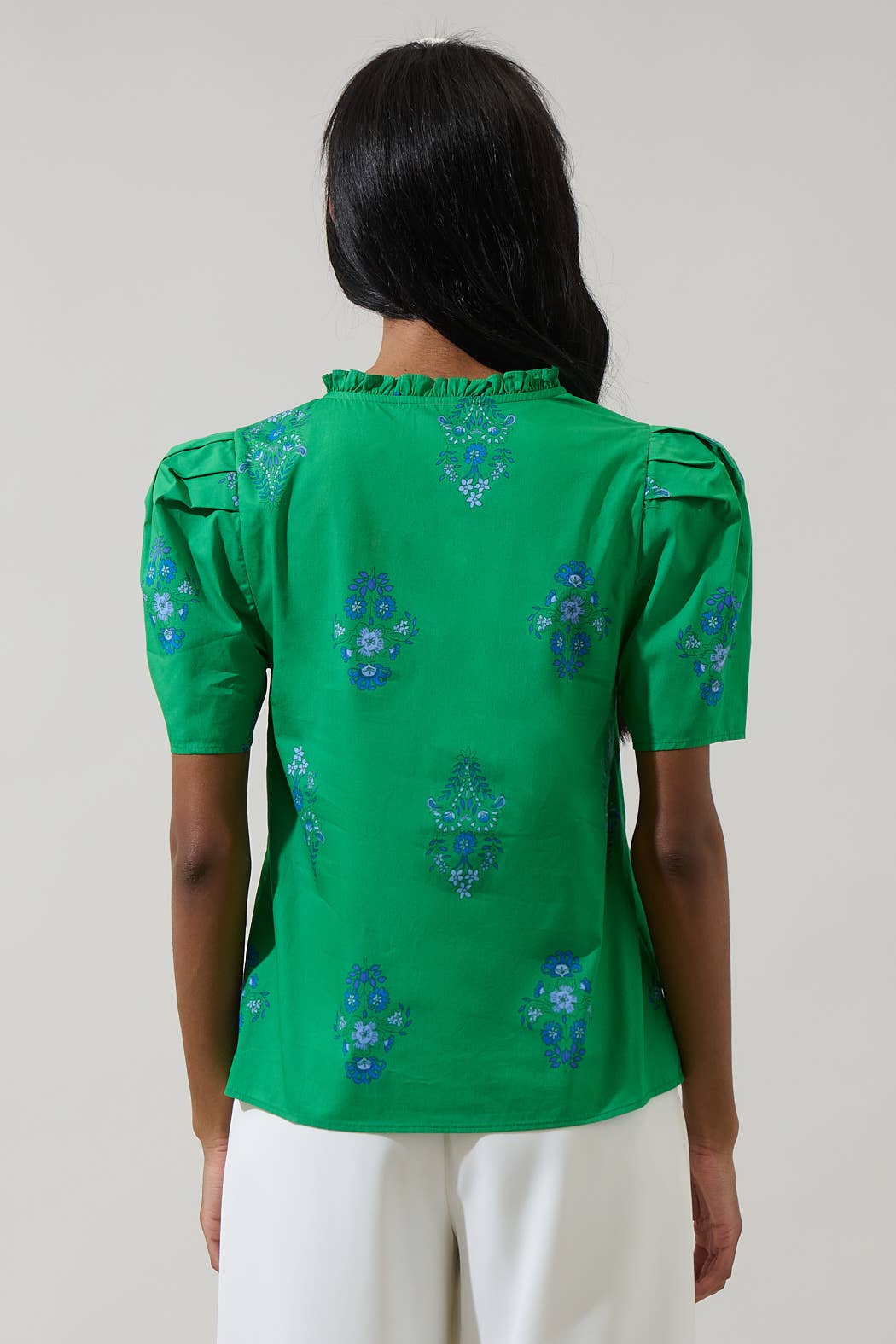 Pleated Shoulder Ruffle Neck Top