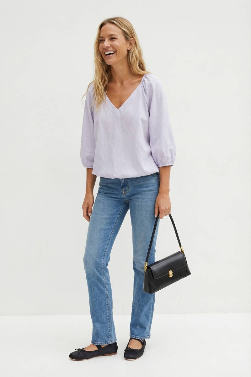 Elastic Puff Sleeve V-neck Top