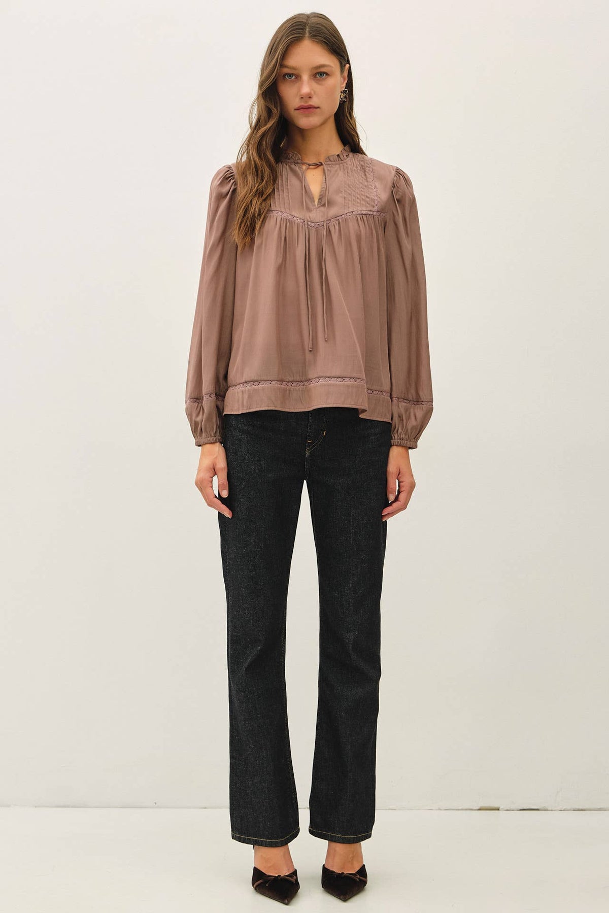 Ruffled V-Neck Silky Peasant Top