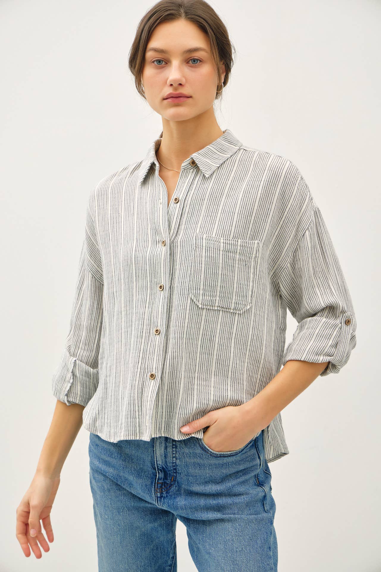 Striped Gauzy Pocket Button Down Top