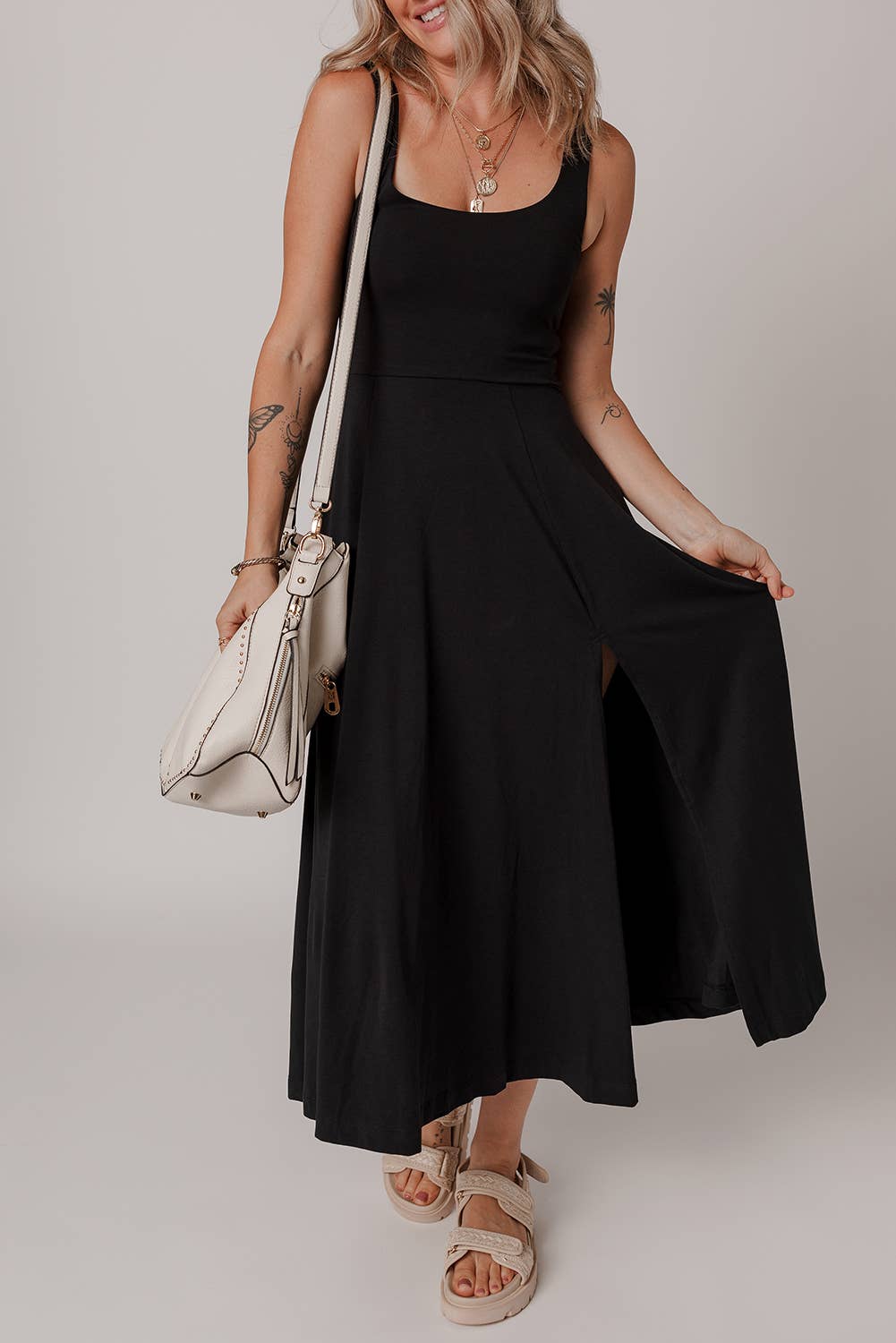 Sleeveless Scoop Neck Flared Split Midi Dress