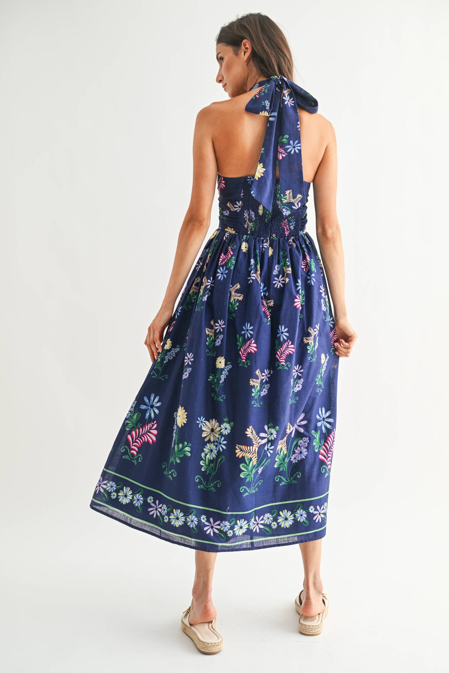 Rental- Camellia Crossed Halter Floral Midi Dress