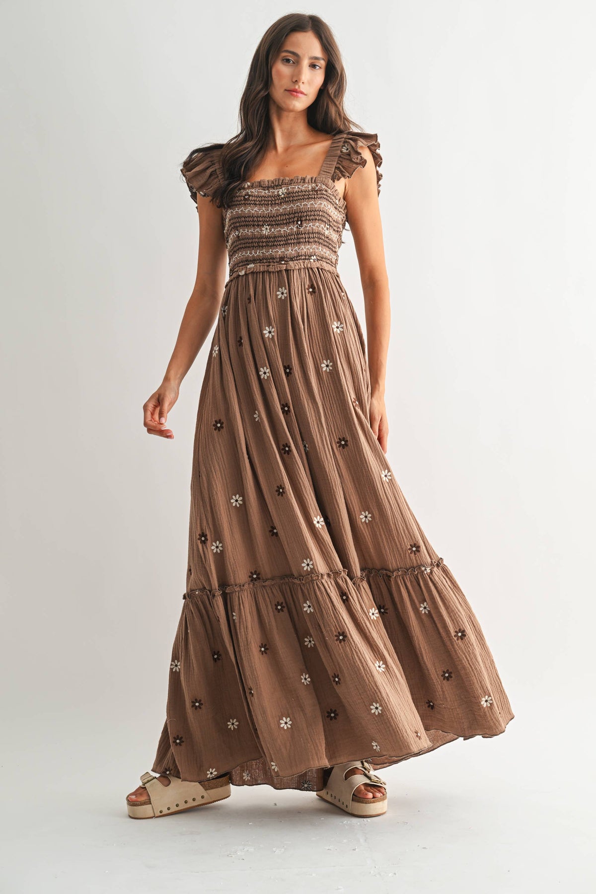 Gauzy Smocked Embroidered Maxi Dress