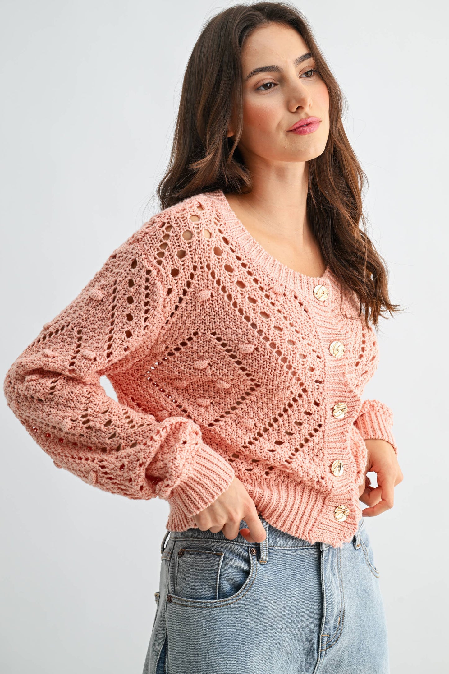 Open Knit Crochet Gold Button Cardigan Sweater
