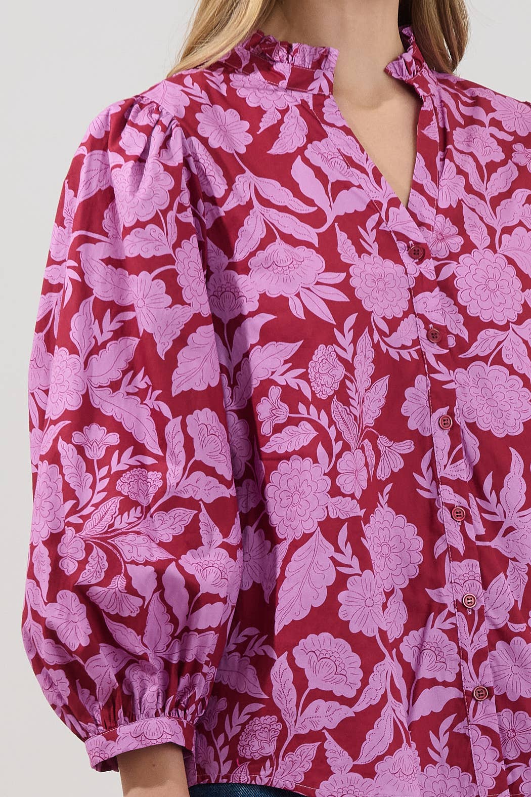 Balloon Sleeves Ruffle Neck Floral Top