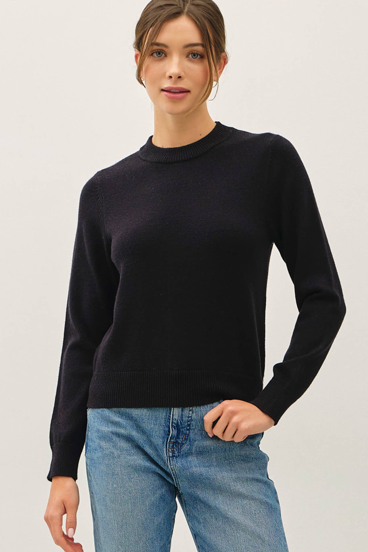 Ribbed Neck Cropped Length Sweater