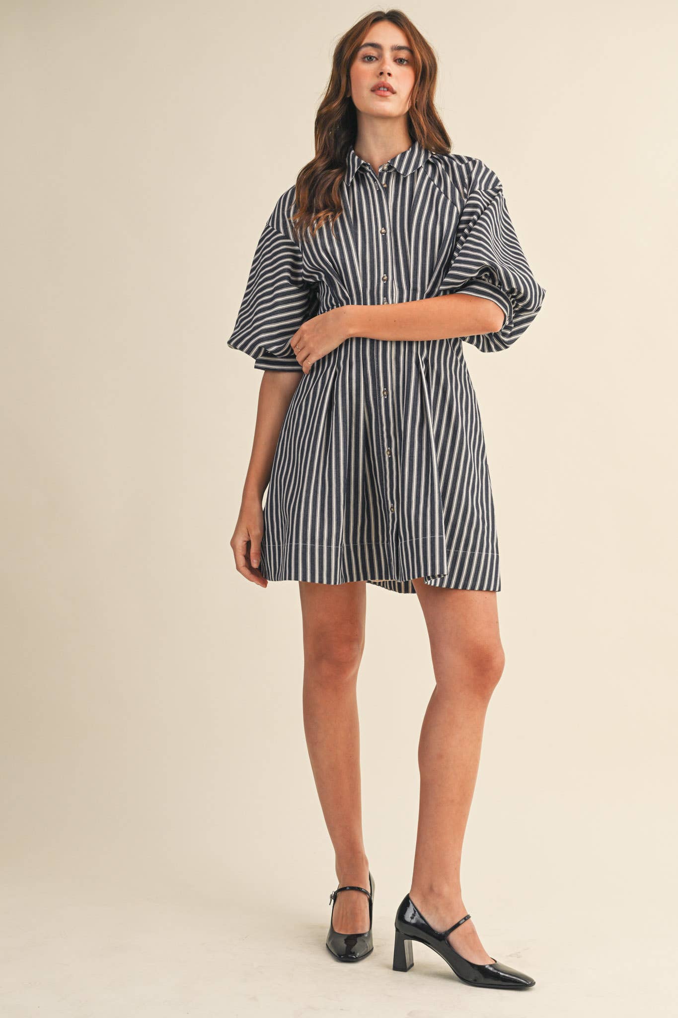 Rental- Striped Denim Bubble Sleeve Mini Dress