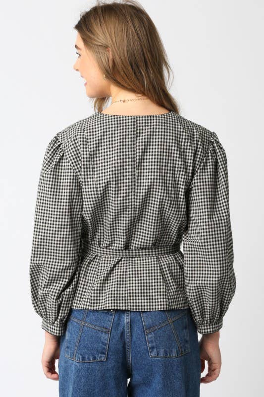 Checkered Button Front Tie Waist Top