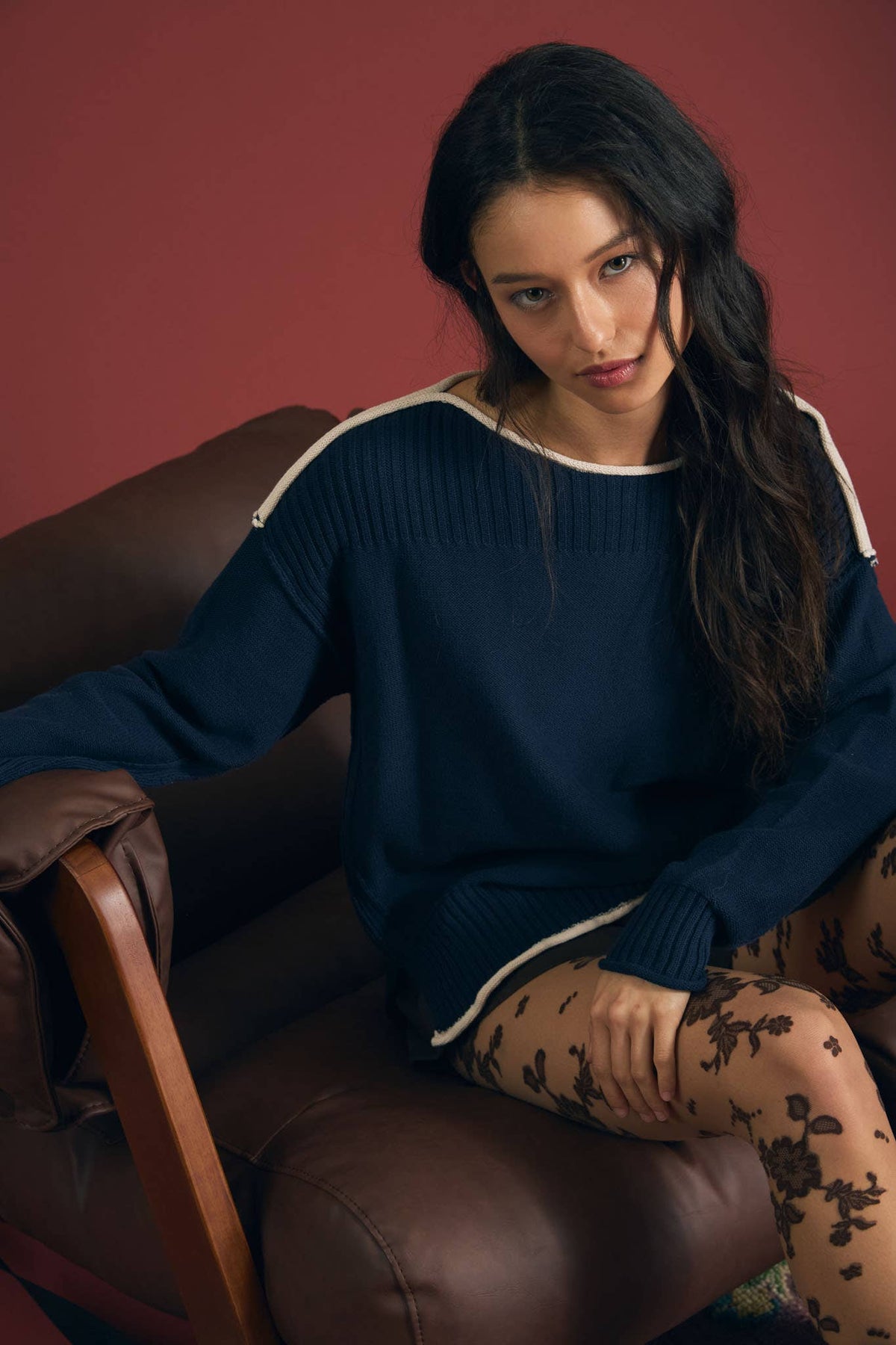Ribbed Boat Neck Contrast Trim Sweater