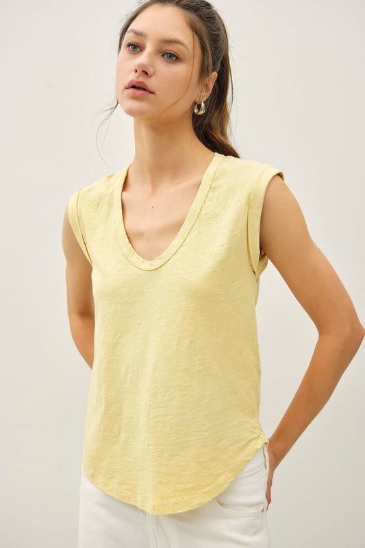 Scoop Neck Folded Sleeve Slub Knit Top