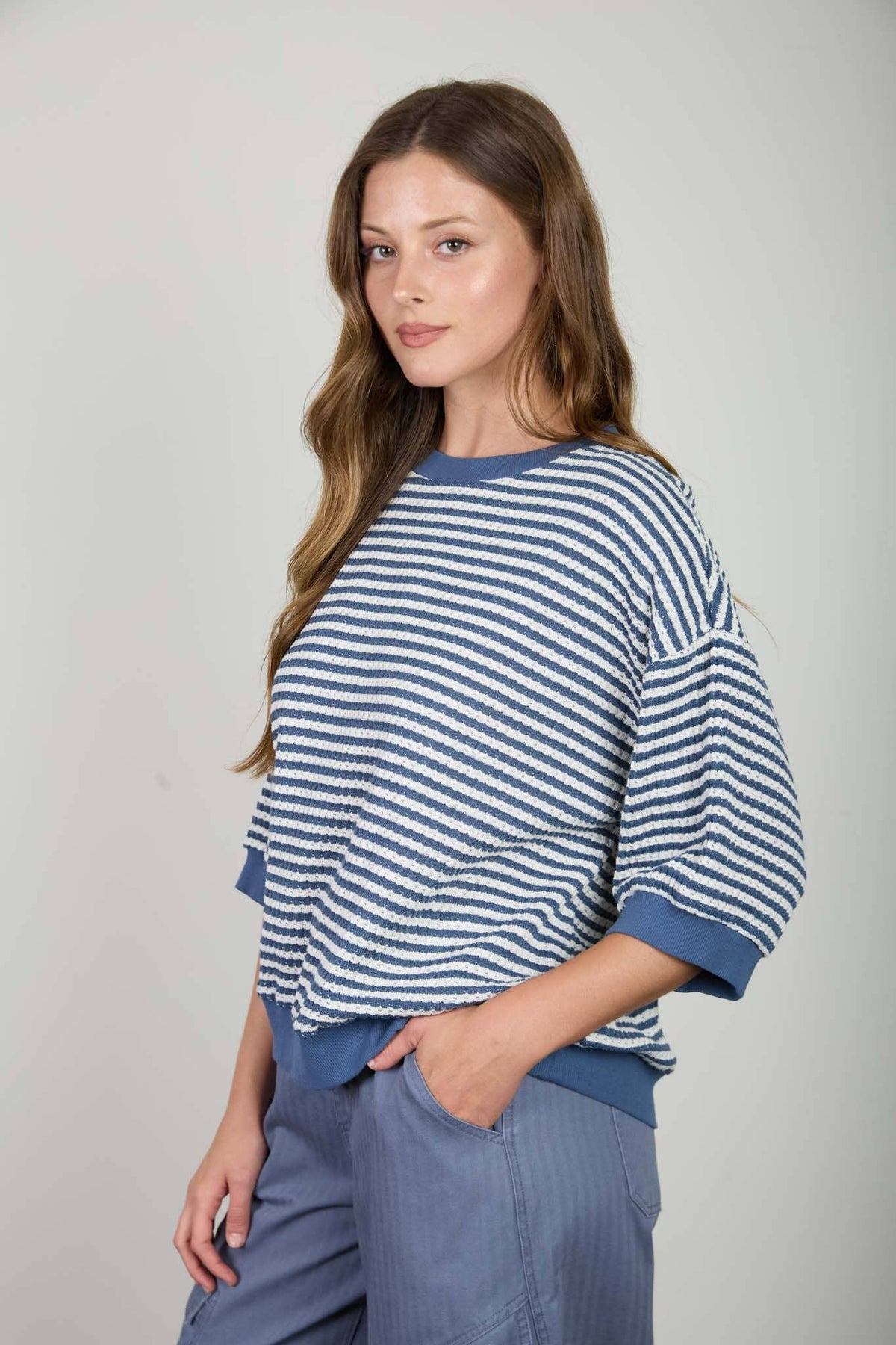 Textured Striped 3/4 Sleeve Knit Top