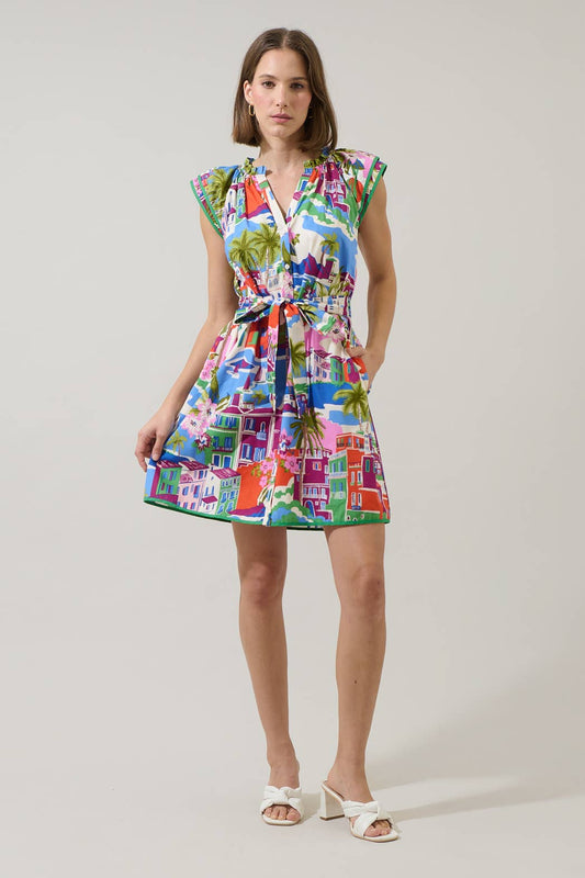 Double Sleeve Tropical Ruffle Mini Dress