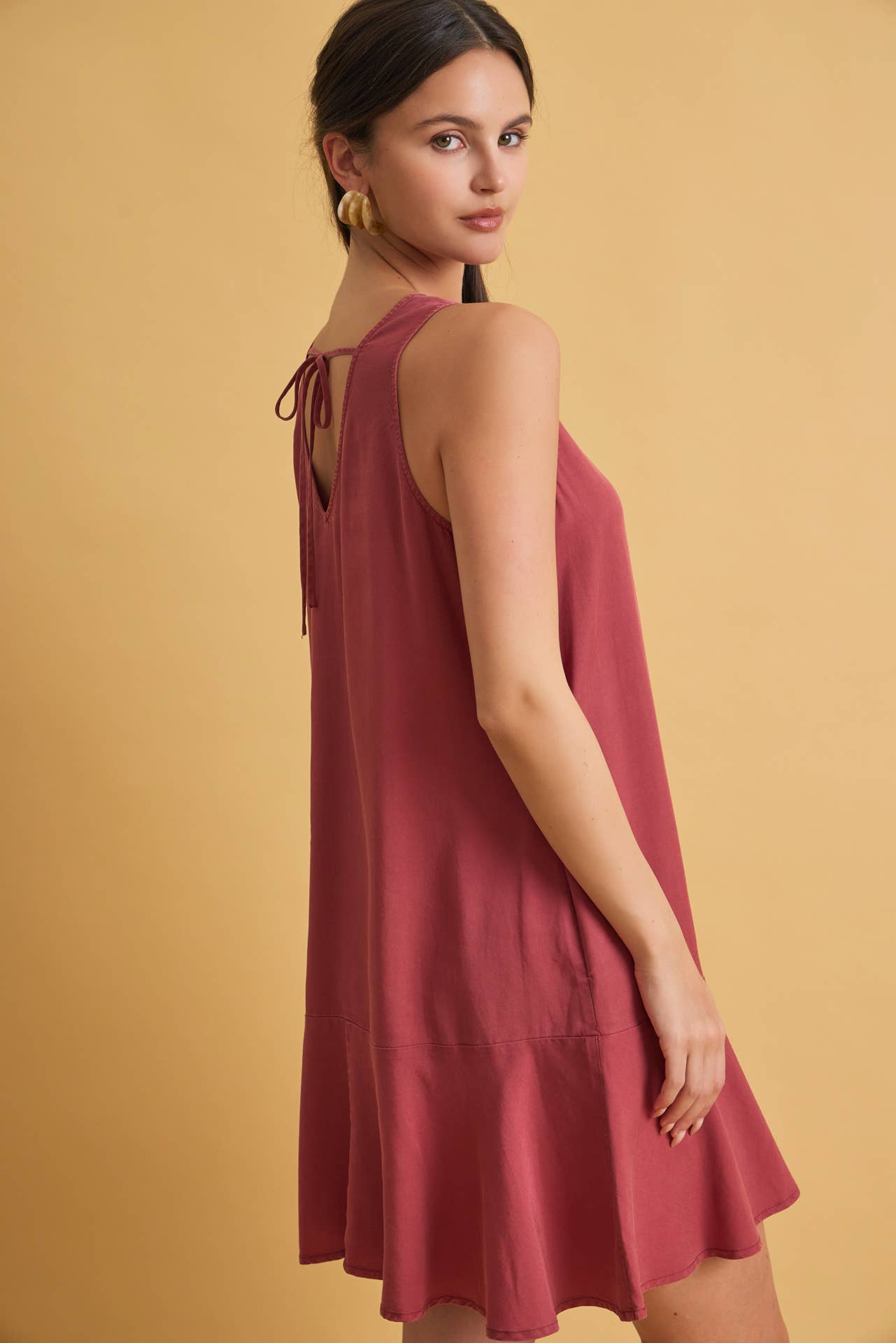 Ruffle Hem Lace Back Tencel Mini Dress