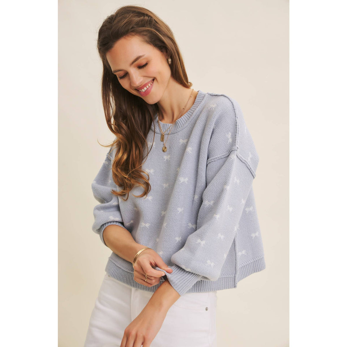 Bow Pattern Balloon Sleeve Sweater
