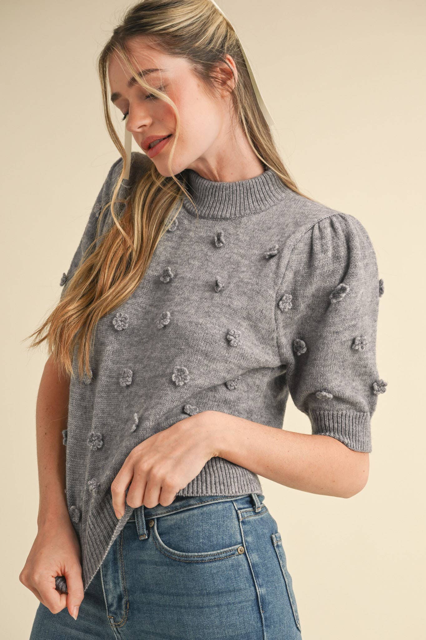 Raised Floral Short Sleeve Sweater