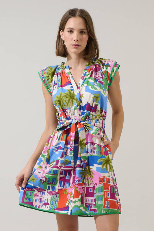 Double Sleeve Tropical Ruffle Mini Dress