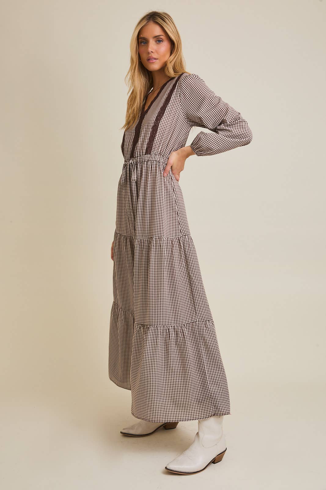 Check Print Lace Trim Maxi Dress