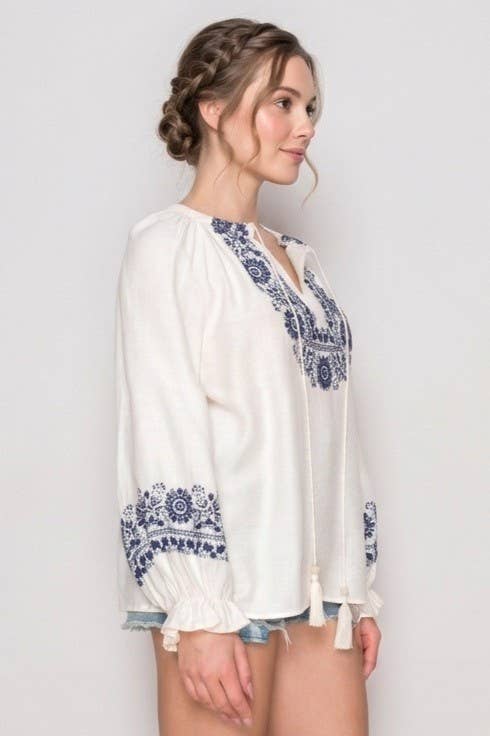 Puff Sleeve Embroidered Peasant Top