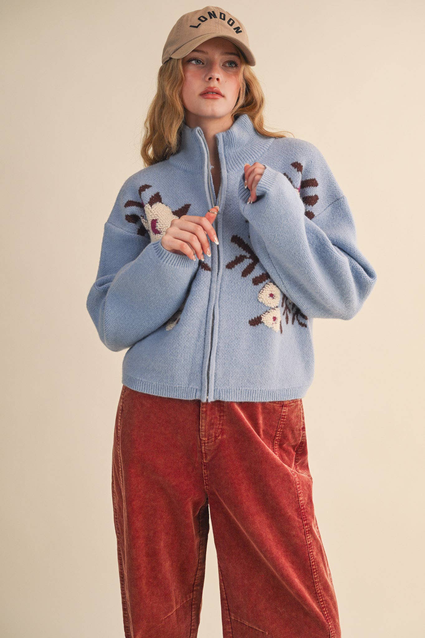 Floral Zip Up Cardigan Sweater