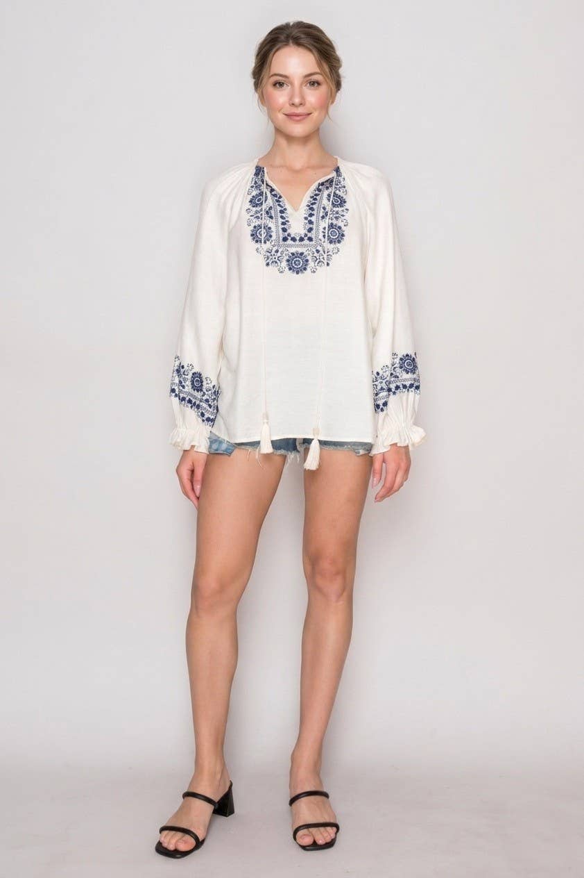 Puff Sleeve Embroidered Peasant Top