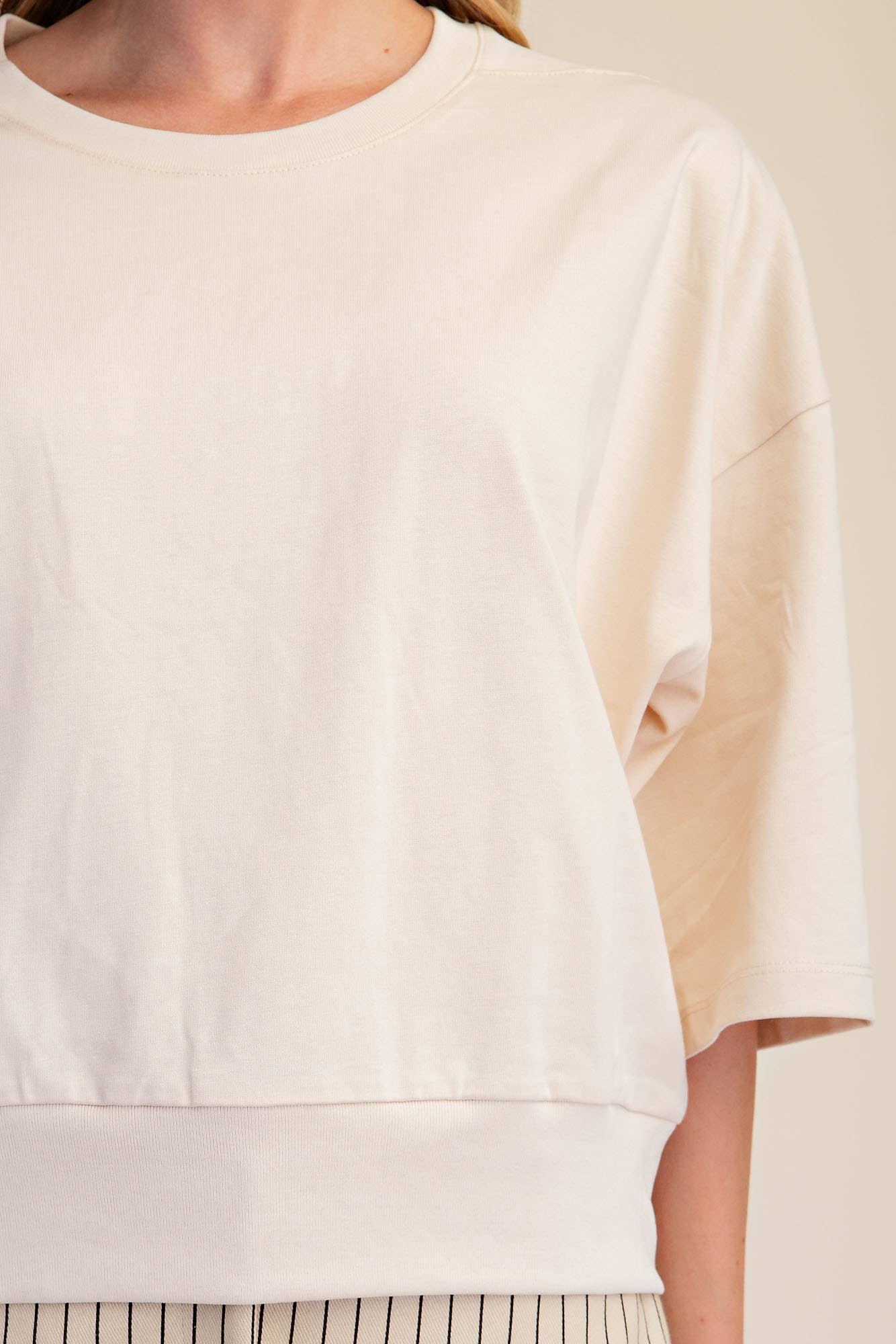 Round Neck Rib Band Pullover Cotton Top