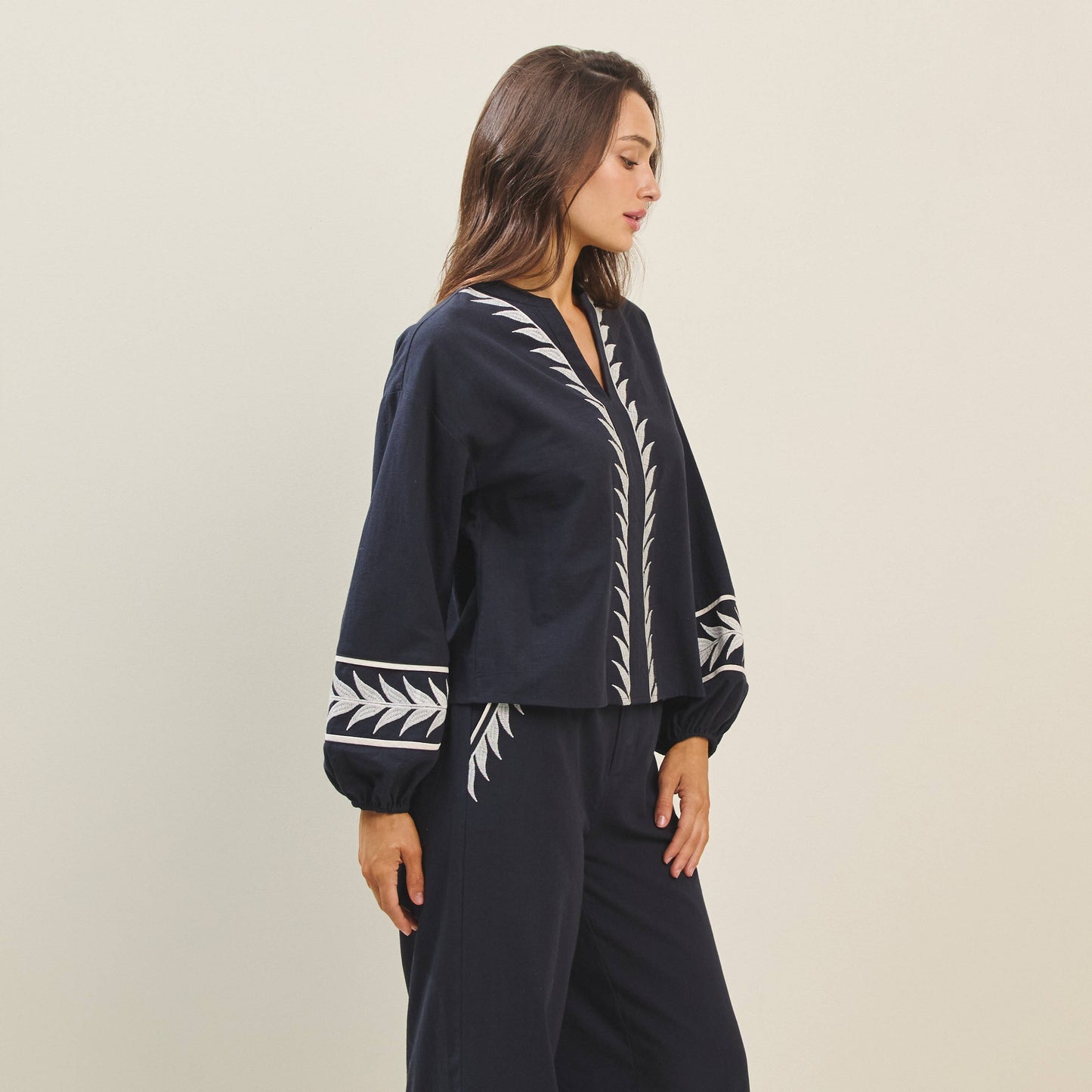 Rental- Embroidered Long Sleeve V-Neck Top