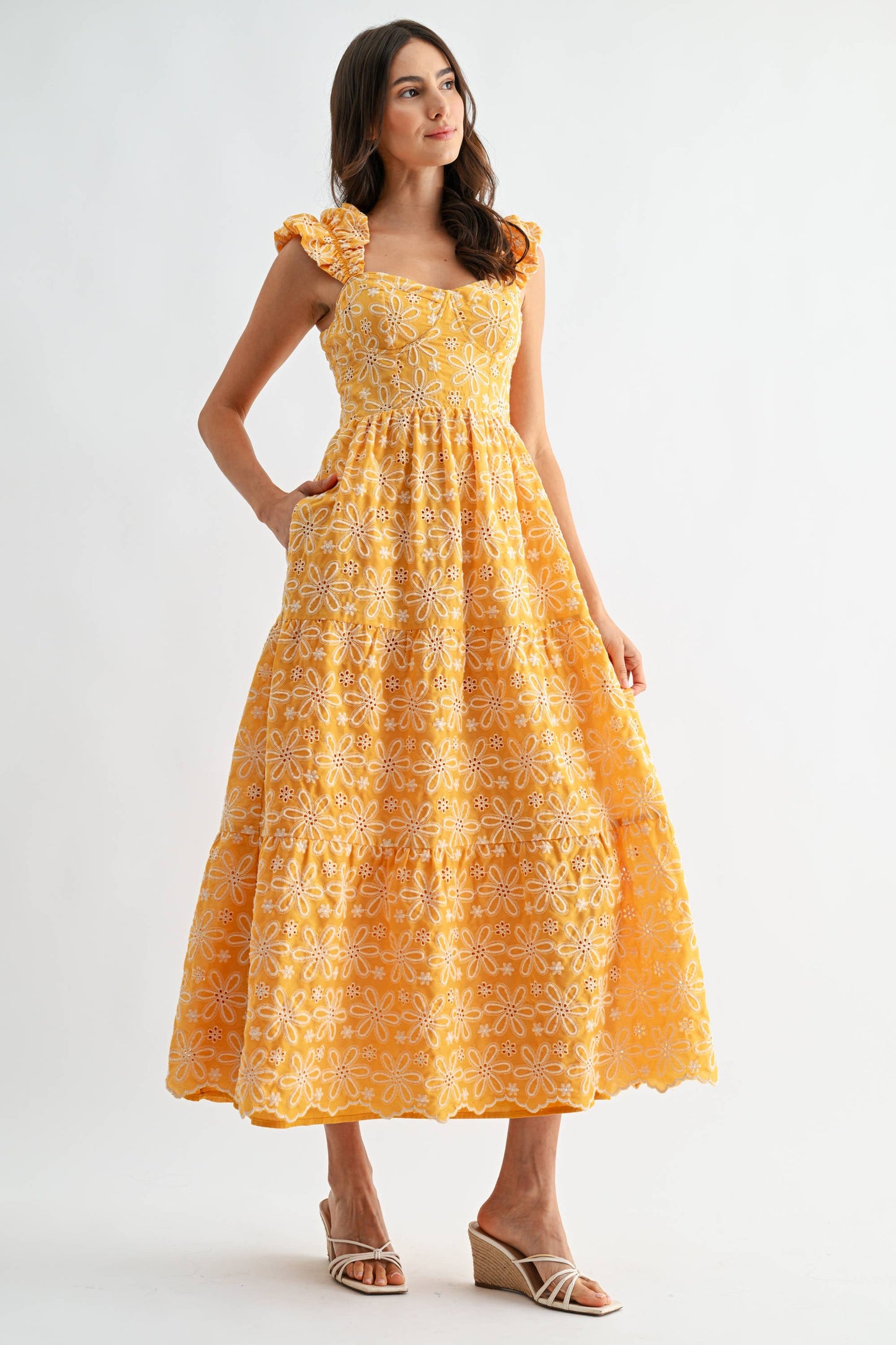 Floral Embroidered Ruffle Sleeve Midi Dress
