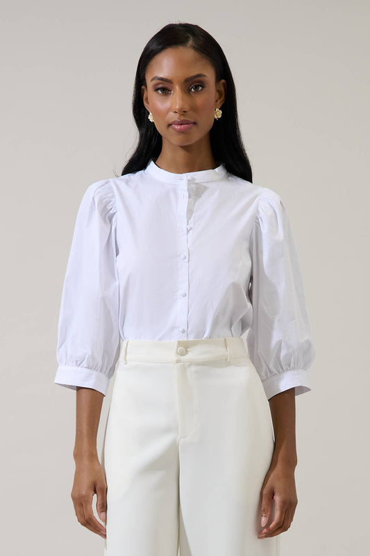 Crew Neck Button Up Puff Sleeve Shirt