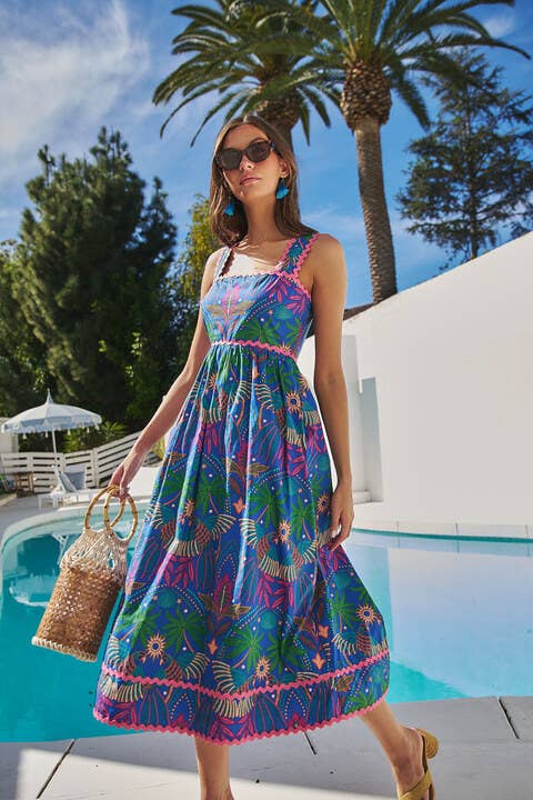 Rental- Tropical Ric Rac Pleated Midi Dress